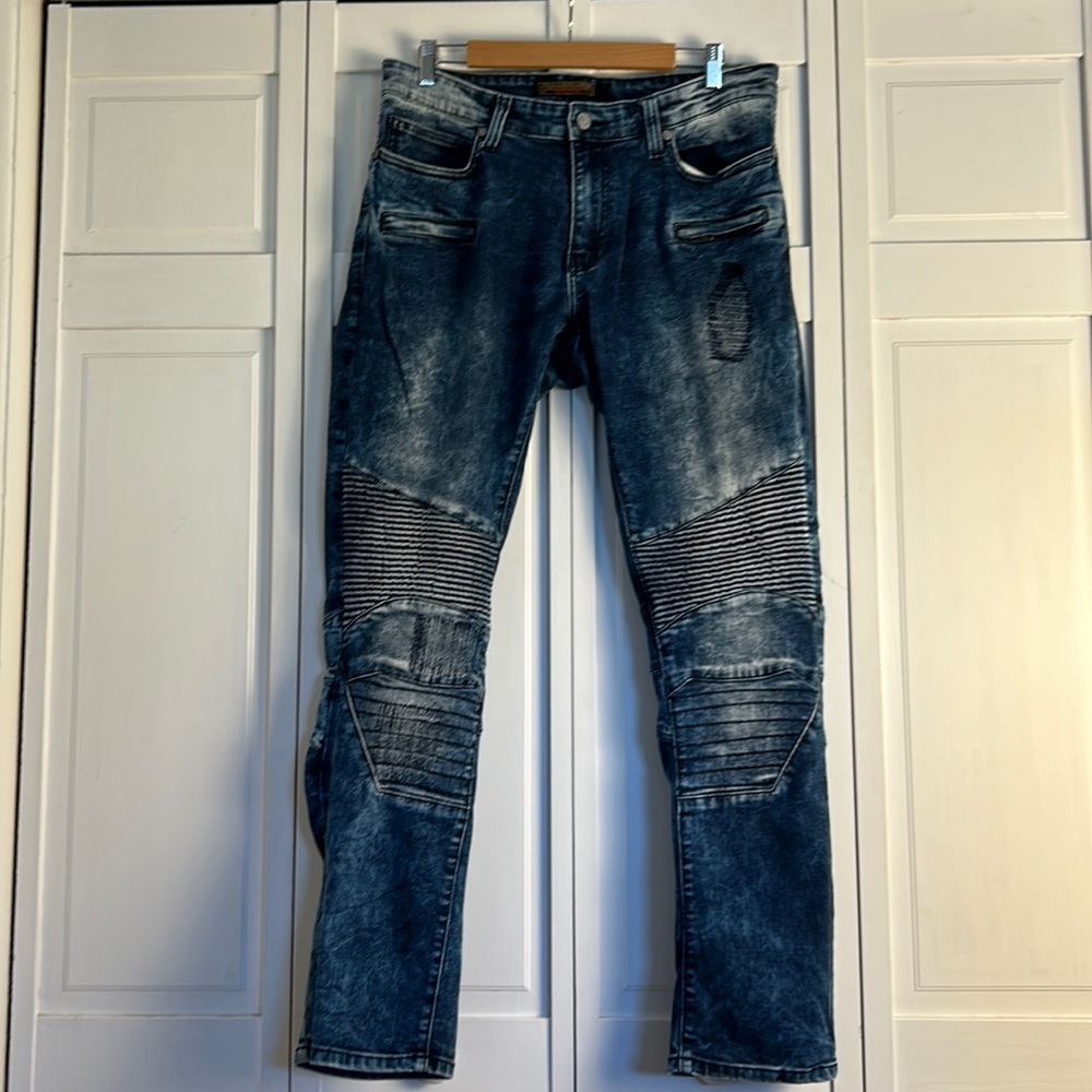 Focus Clothing Company Men’s 34x32 Jean Dark Wash Fading Moto Denim